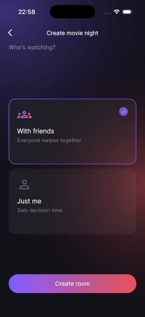 Synema create room screen showing With friends and Just me options